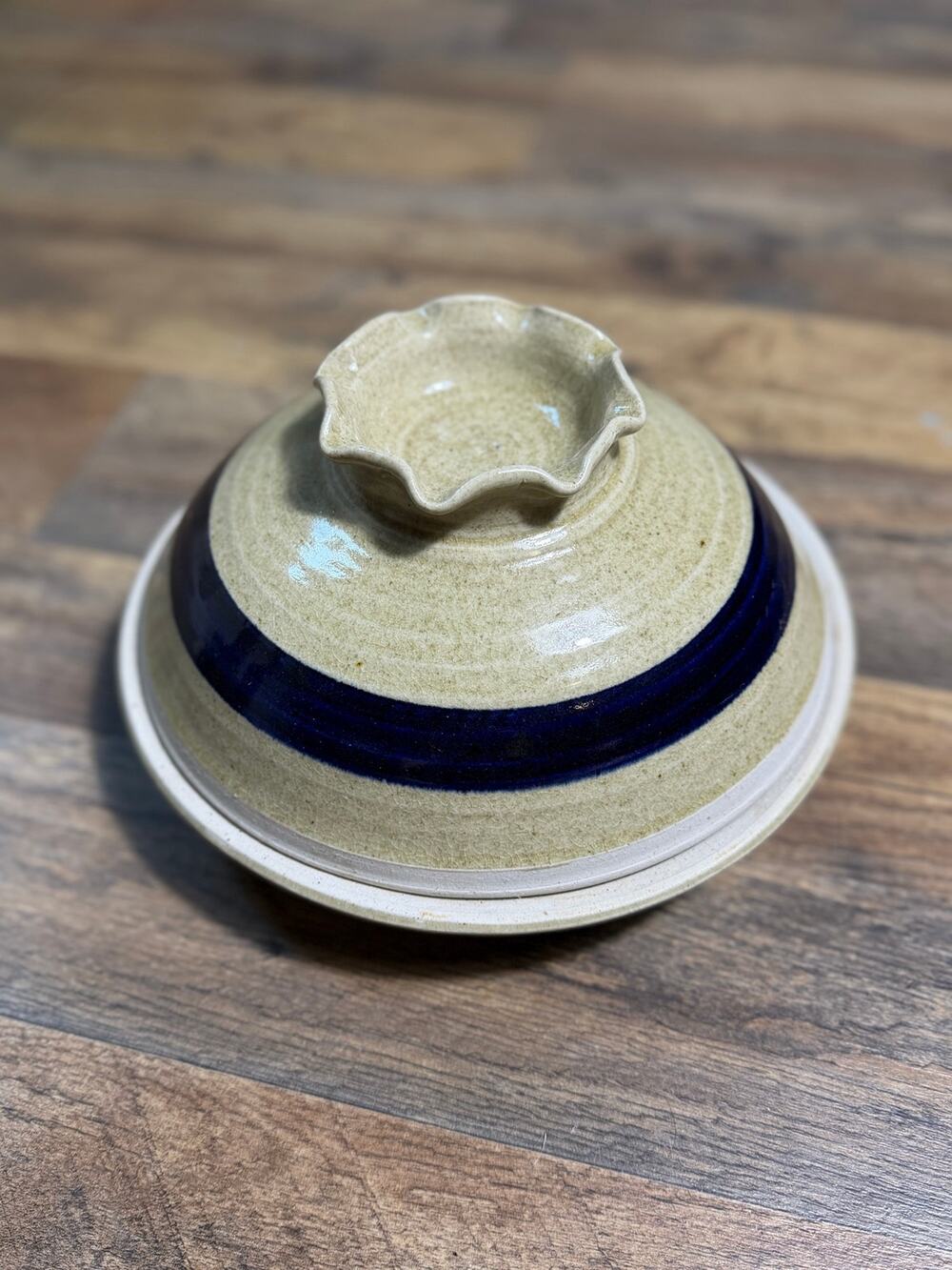 Vintage Marcrest Covered Butter Dish Blue Band Stoneware Butter Server MCM